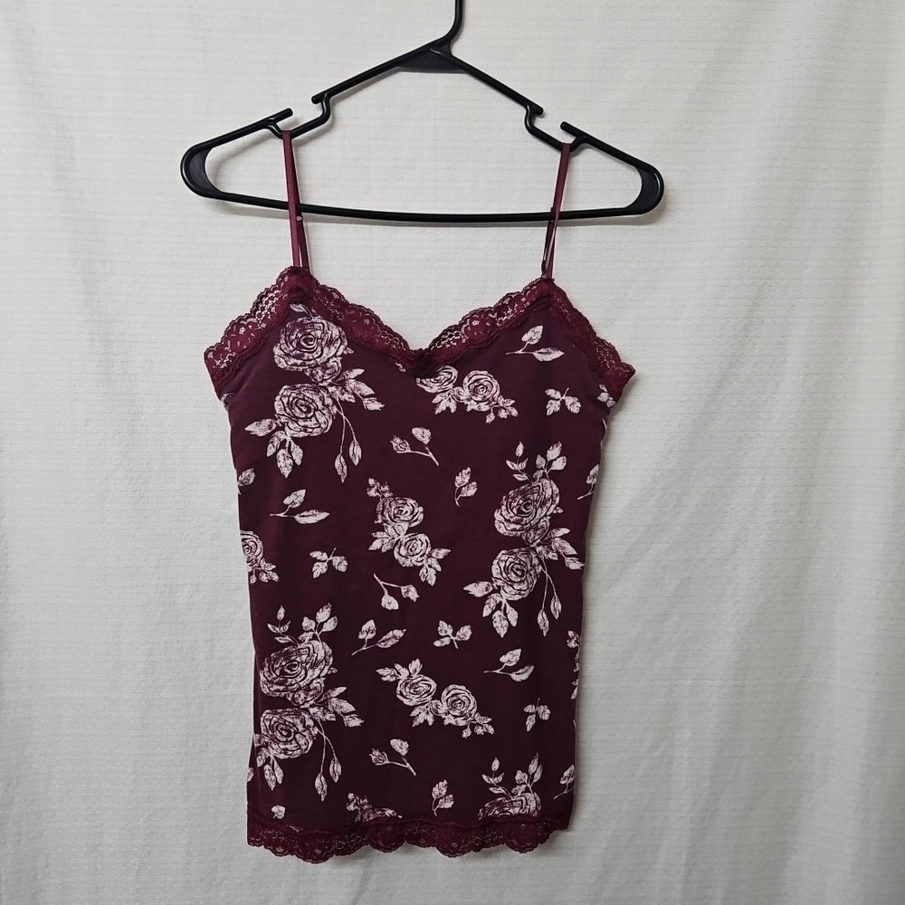 Aeropostale Stretch Y2k Burgandy Floral Cami Tank Top Sz Lg Whimsigoth Roses